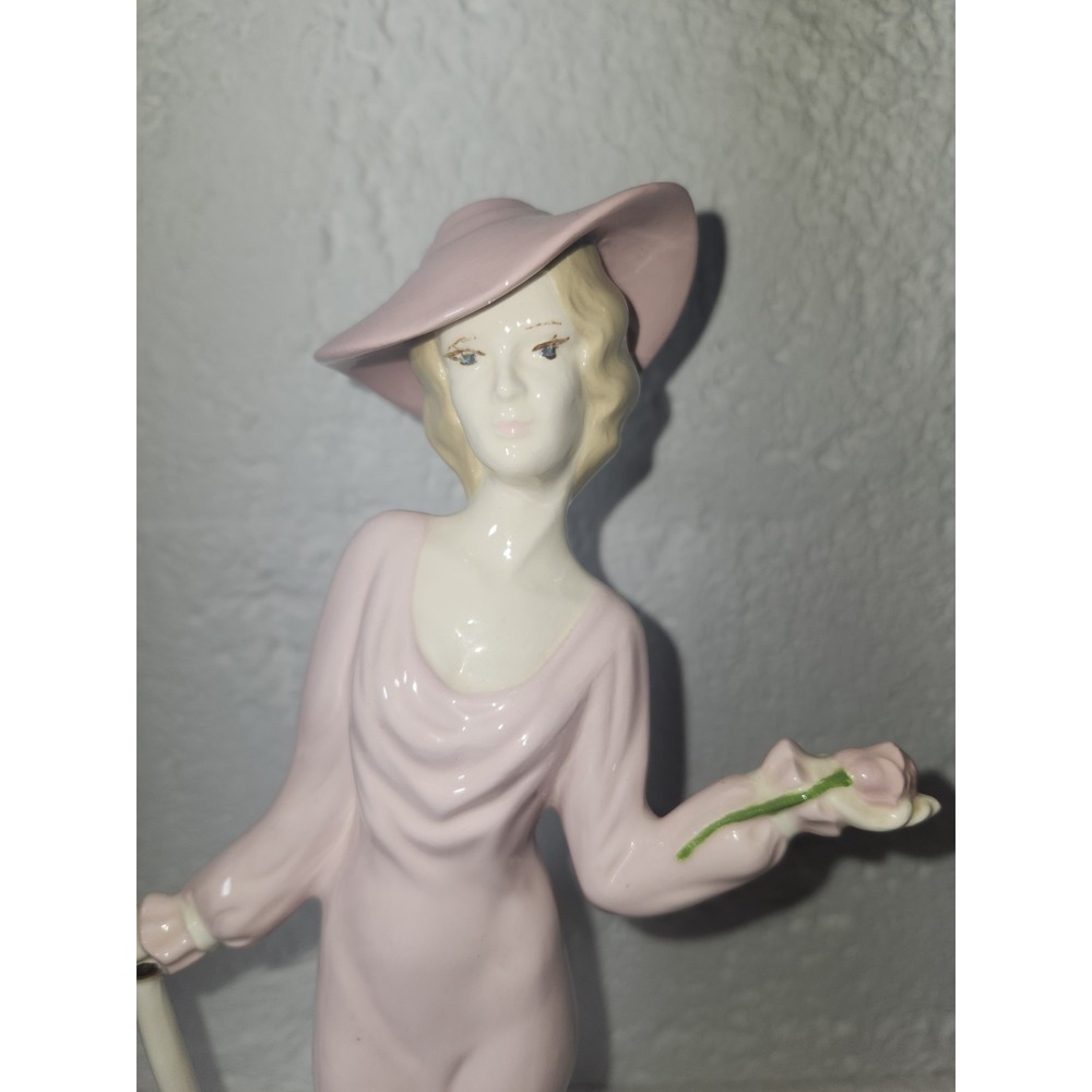Vintage Art Deco Pink Lady With Umbrella Porcelain Figure 11" - Picture 8 of 10